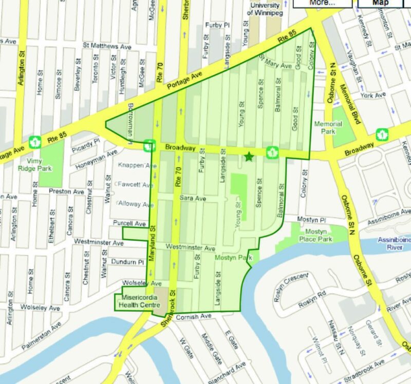 A map with street boundaries outlined to show an enclosed area.